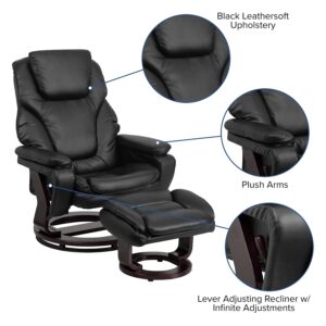 Flash Furniture Austin Contemporary Multi-Position Recliner and Ottoman with Swivel Mahogany Wood Base in Black LeatherSoft