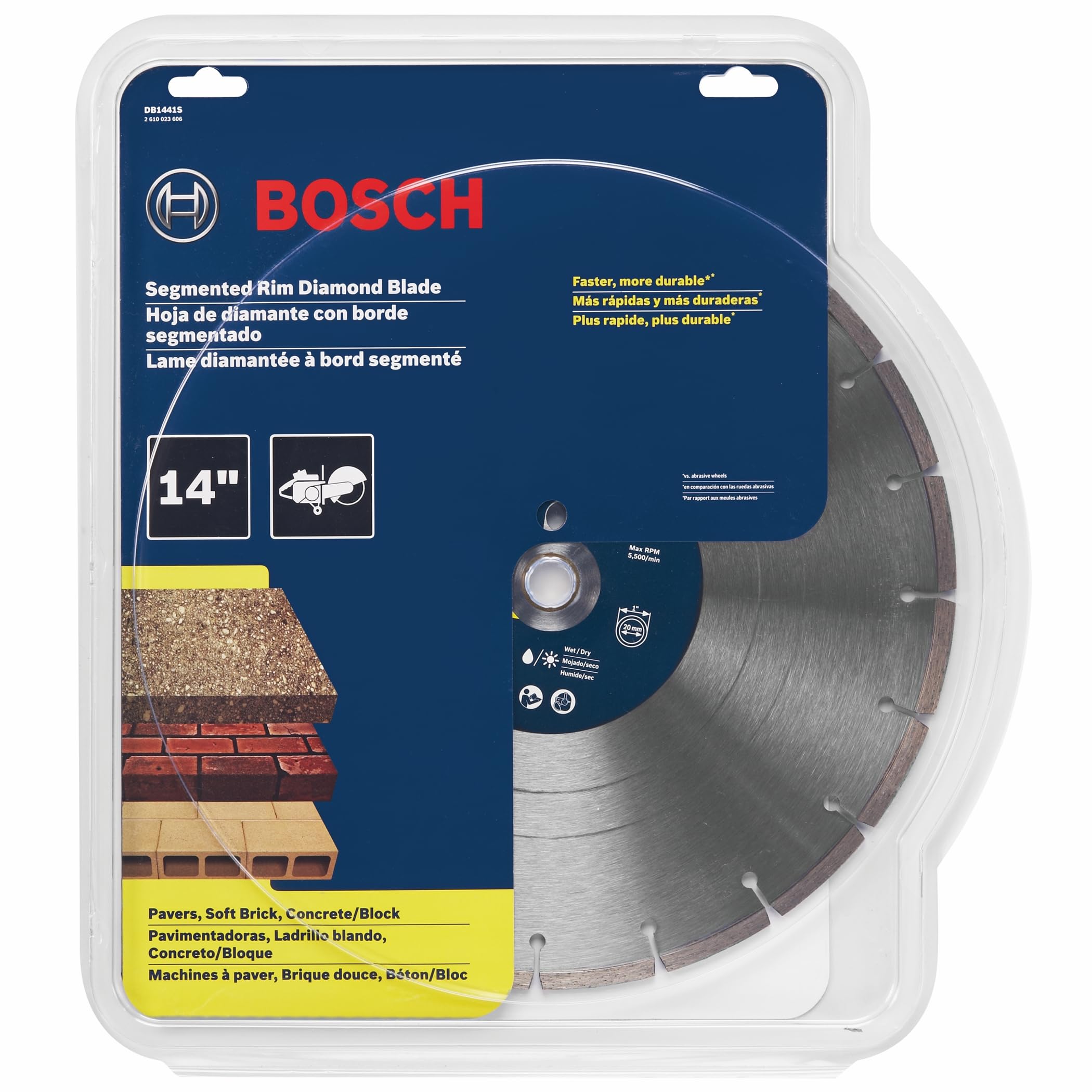 BOSCH DB1441S 14 In. Standard Segmented Rim Diamond Blade with 1 In. Arbor for Universal Rough Cut Wet/Dry Cutting Applications in Pavers, Soft Brick, Concrete/Block