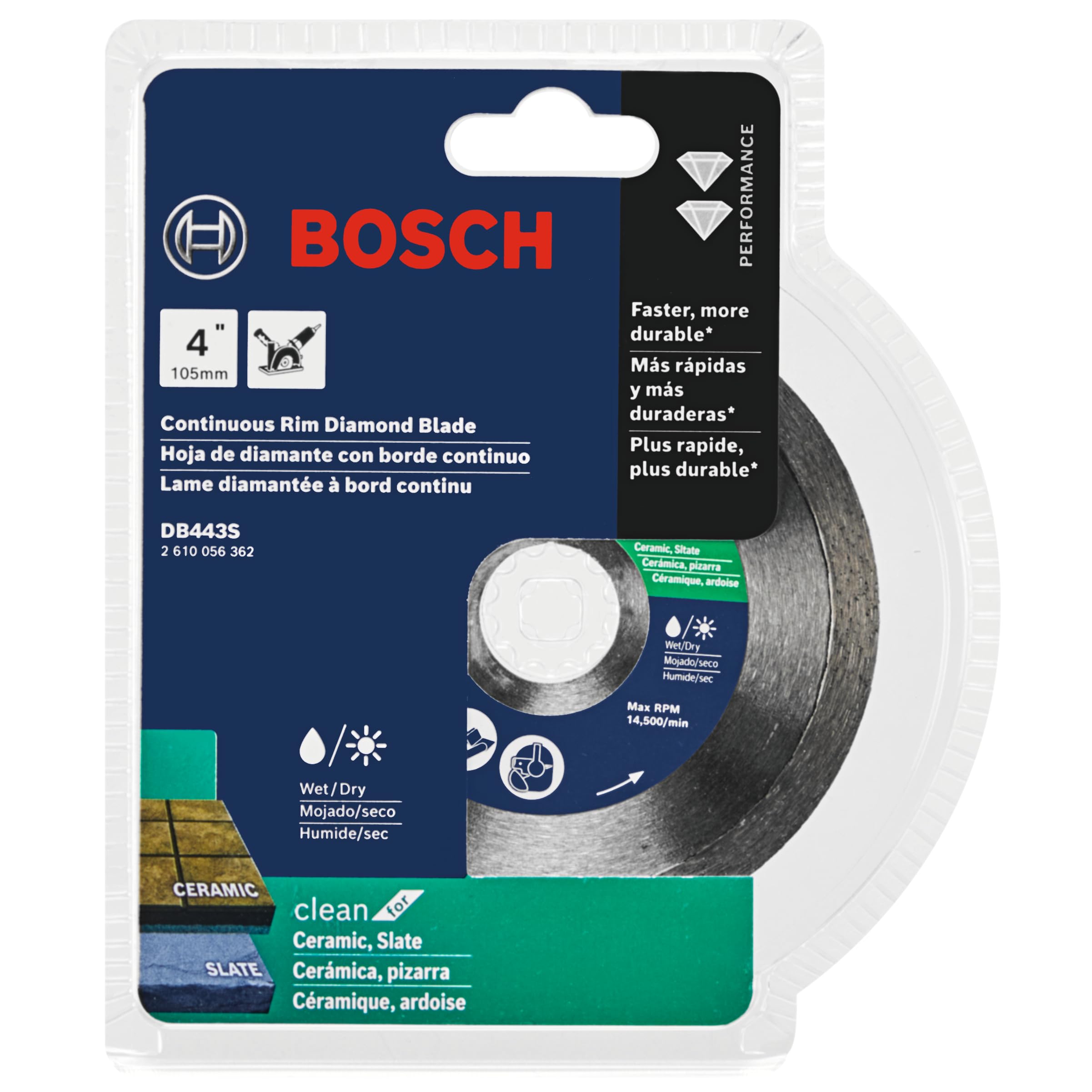 BOSCH DB443S 4 In. Standard Continuous Rim Diamond Blade with 5/8 In., 7/8 In. Arbor for Clean Cut Wet/Dry Cutting Applications in Ceramic Tile, Slate