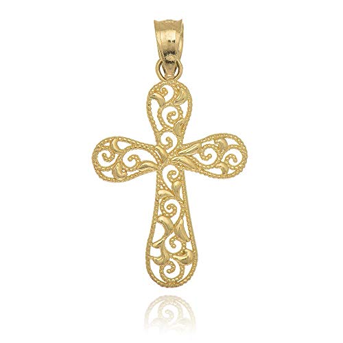 JewelStop 14K Solid Yellow Gold Filigree Cross Charm Pendant