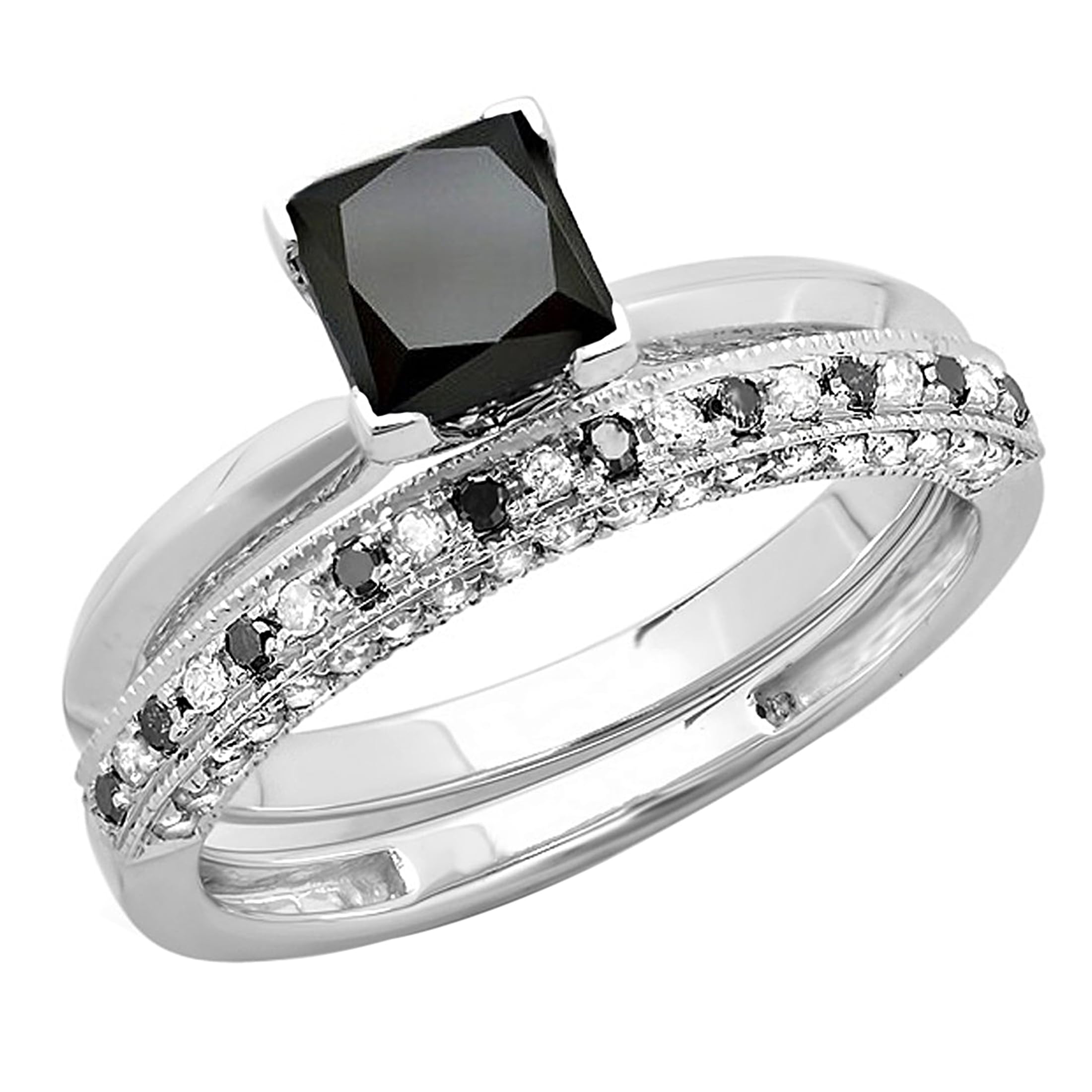 Dazzlingrock Collection 1.50 Carat (Cttw) Princess Black & Round White Diamond Solitaire Engagement Ring With Miligrain Set in 14K White Gold, Size 6