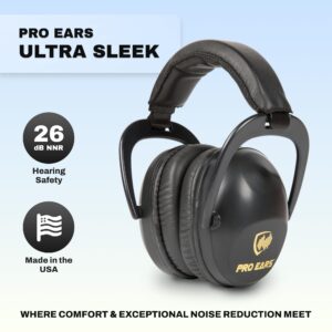 Pro Ears Ultra Sleek Passive Hearing Protection Ear Muffs, Superior Comfort for Long Gun Use, Indoor and Outdoor Range, NRR 26, Made in USA, Adjustable and Padded, Black