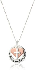 amazon essentials two-tone sterling silver and rose gold-flashed "faith hope love" cross charm pendant necklace, 18" (previously amazon collection)