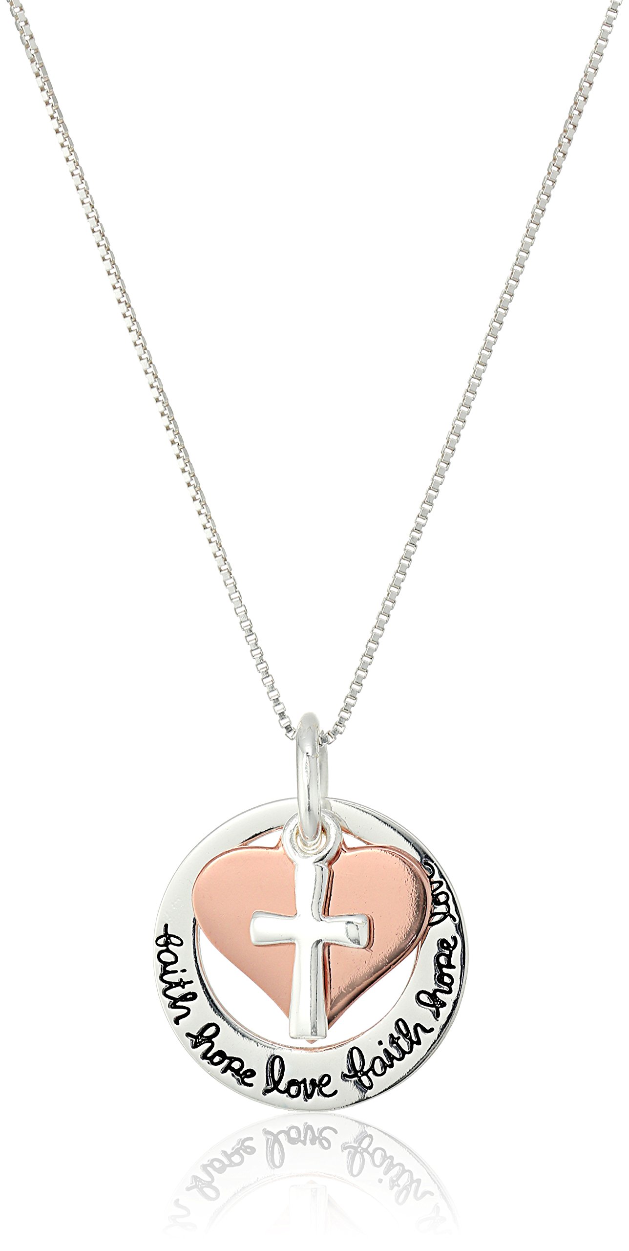 Amazon Essentials Two-Tone Sterling Silver and Rose Gold-Flashed "Faith Hope Love" Cross Charm Pendant Necklace, 18" (previously Amazon Collection)