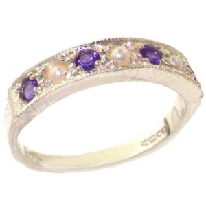 letsbuygold 925 sterling silver cultured pearl and amethyst womens band ring - sizes 4 to 12 available