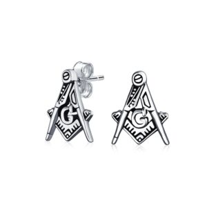 tiny square and compass masonic freemason stud earrings for women for men oxidized .925 sterling silver