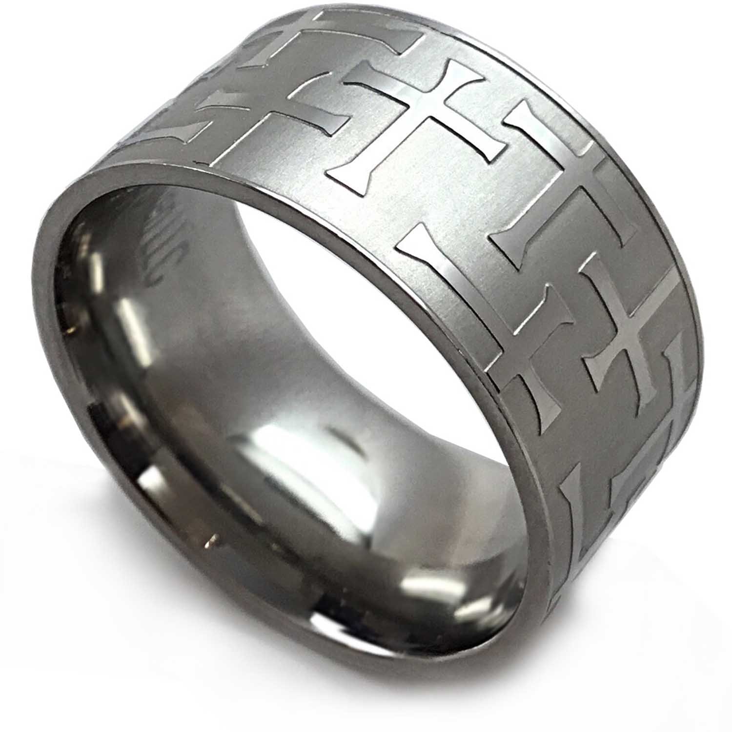 FORGIVEN JEWELRY RW4 Etched Cross Hedge Wide Band Stainless Steel Ring size 10-Christian Jewelry