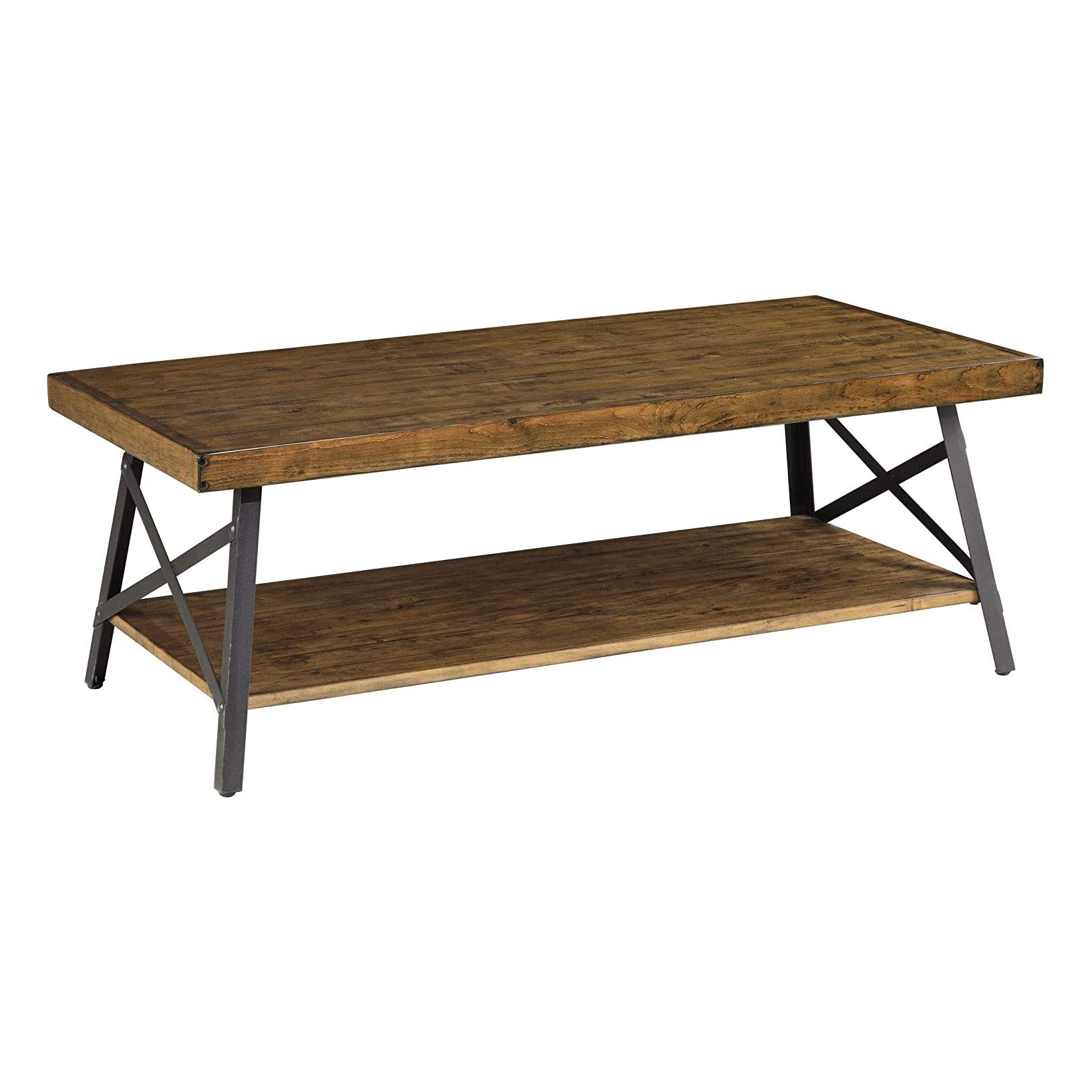 Emerald Home Furnishings Chandler Rustic Industrial Solid Wood and Steel Coffee Table with Open Shelf, Pine Brown,48"