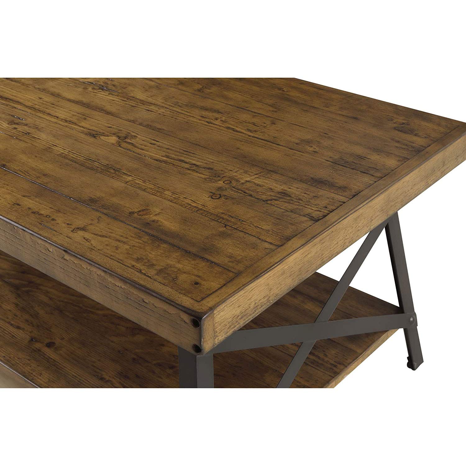 Emerald Home Furnishings Chandler Rustic Industrial Solid Wood and Steel Coffee Table with Open Shelf, Pine Brown,48"