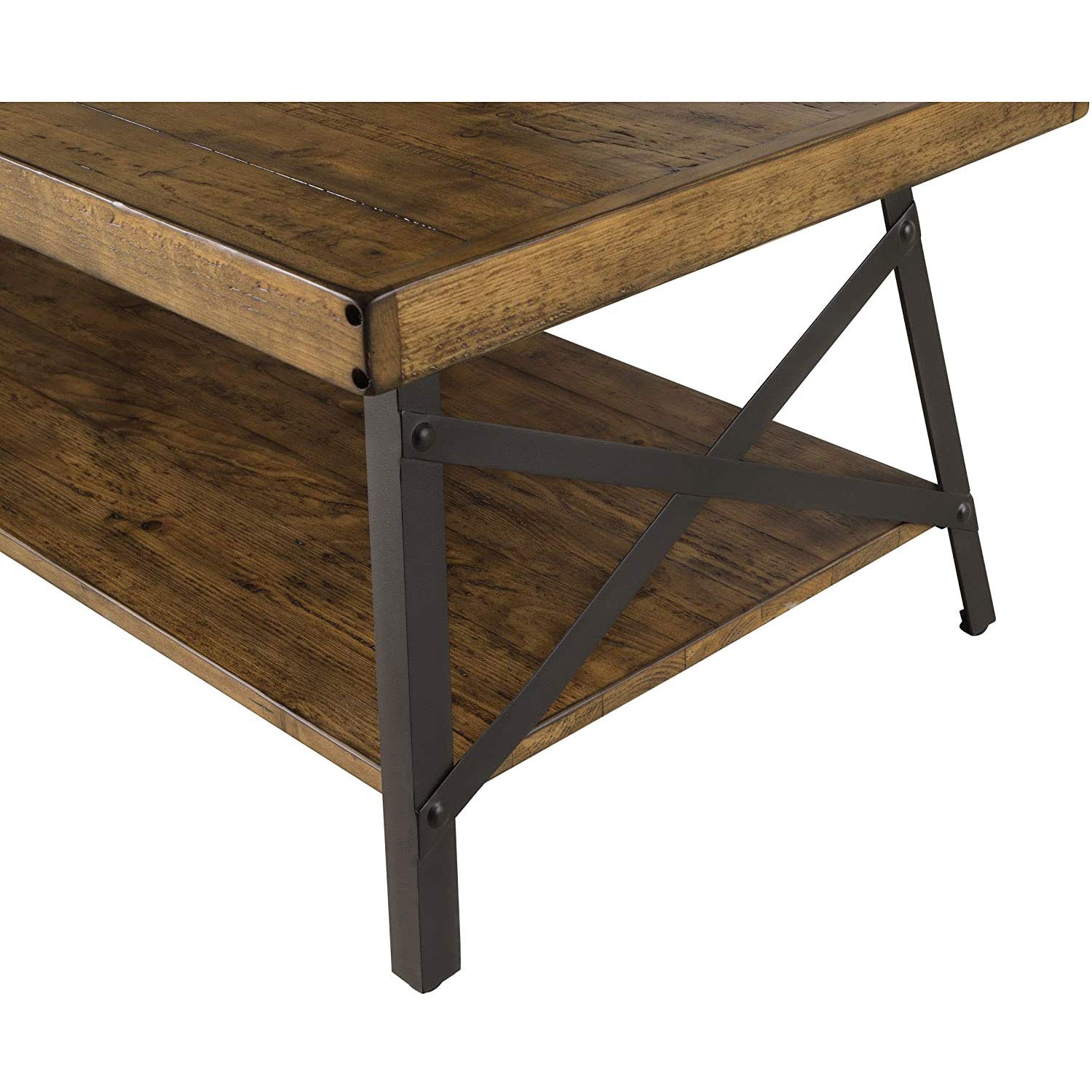 Emerald Home Furnishings Chandler Rustic Industrial Solid Wood and Steel Coffee Table with Open Shelf, Pine Brown,48"