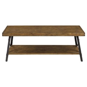 Emerald Home Furnishings Chandler Rustic Industrial Solid Wood and Steel Coffee Table with Open Shelf, Pine Brown,48"