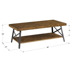 Emerald Home Furnishings Chandler Rustic Industrial Solid Wood and Steel Coffee Table with Open Shelf, Pine Brown,48"