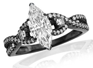 1.25 carat black diamond twisting split shank 3 stone diamond engagement ring (d color, si2 clarity)