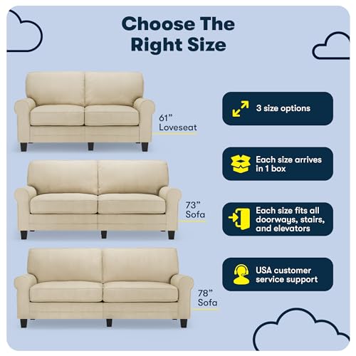 Serta Copenhagen Rolled Arm, Easy Care Polyester, Soft Pillow Back, Pocket Coil Seat Cushions, Removable Covers, Loveseat or Couch for Small Spaces, Living Rooms or Bedrooms, 73" Sofa, Tan