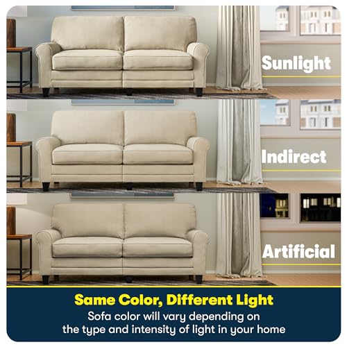 Serta Copenhagen Rolled Arm, Easy Care Polyester, Soft Pillow Back, Pocket Coil Seat Cushions, Removable Covers, Loveseat or Couch for Small Spaces, Living Rooms or Bedrooms, 73" Sofa, Tan