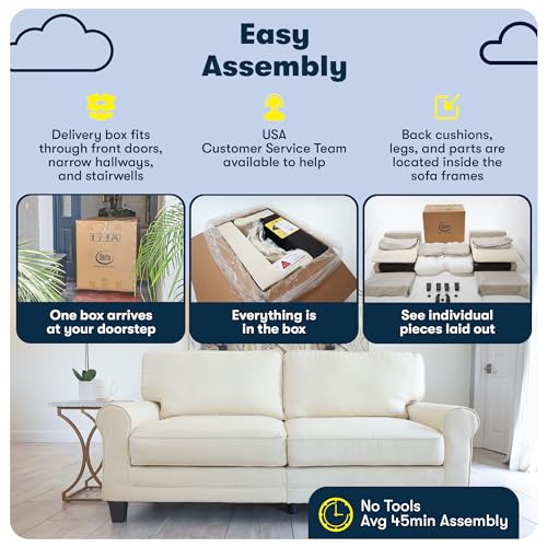 Serta Copenhagen Rolled Arm, Easy Care Polyester, Soft Pillow Back, Pocket Coil Seat Cushions, Removable Covers, Loveseat or Couch for Small Spaces, Living Rooms or Bedrooms, 73" Sofa, Tan