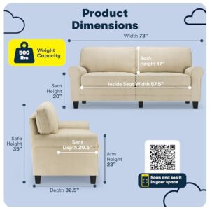 Serta Copenhagen Rolled Arm, Easy Care Polyester, Soft Pillow Back, Pocket Coil Seat Cushions, Removable Covers, Loveseat or Couch for Small Spaces, Living Rooms or Bedrooms, 73" Sofa, Tan