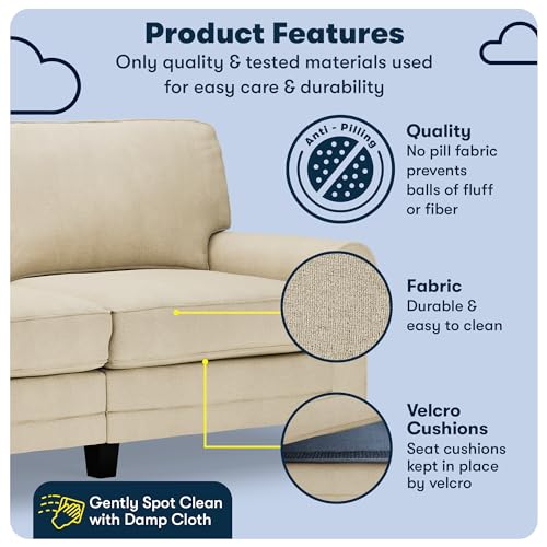 Serta Copenhagen Rolled Arm, Easy Care Polyester, Soft Pillow Back, Pocket Coil Seat Cushions, Removable Covers, Loveseat or Couch for Small Spaces, Living Rooms or Bedrooms, 73" Sofa, Tan