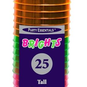 Party Essentials Hard Plastic 10-Ounce Party Cups/Drinking Glasses/Tall Tumblers, 25-Count, Assorted Neon