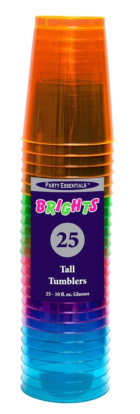 Party Essentials Hard Plastic 10-Ounce Party Cups/Drinking Glasses/Tall Tumblers, 25-Count, Assorted Neon