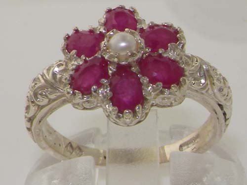 LetsBuyGold 925 Sterling Silver Cultured Pearl and Ruby Womens Anniversary Ring - Size 10.5