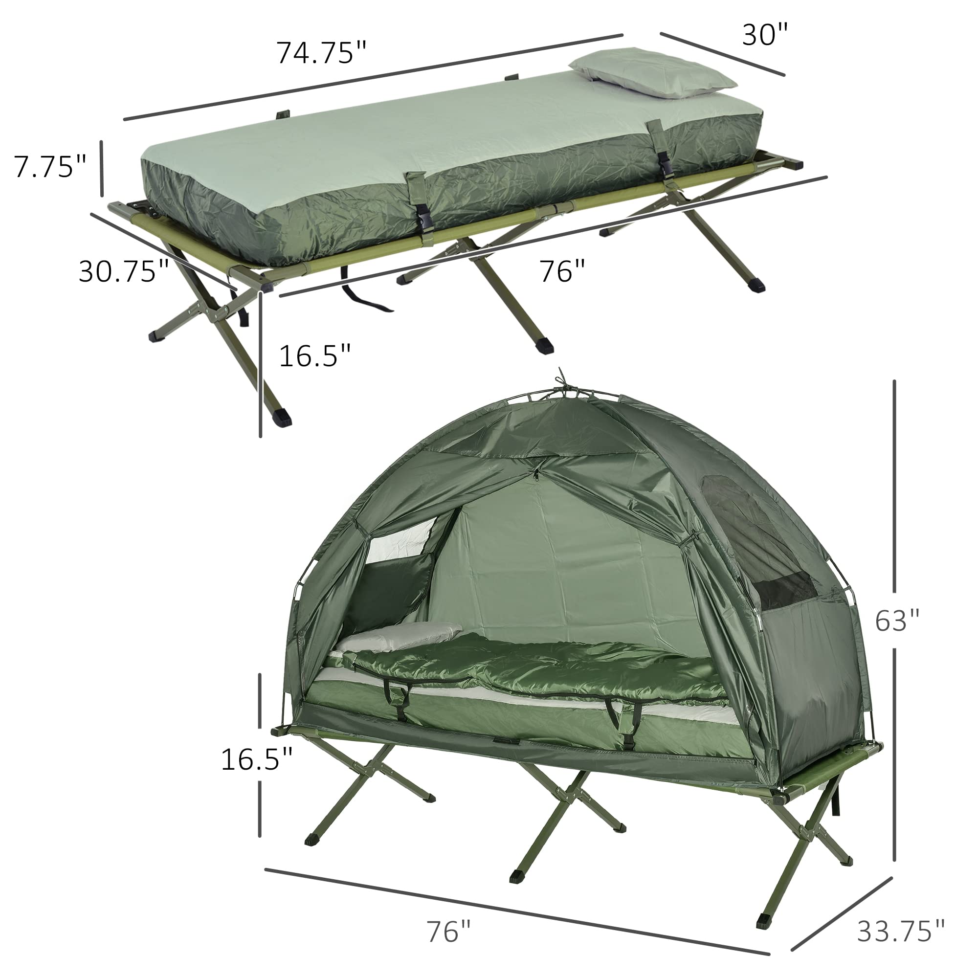 Outsunny Multifunctional Folding Camping Cots for Adults, Elevated Tent with Sleeping Bag, Thick Air Mattress Pad, Portable Single Sleeping Cot Camping Bed