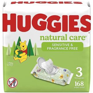 sensitive baby wipes, huggies natural care baby diaper wipes, unscented, hypoallergenic, 99% purified water, 3 flip-top packs (168 wipes total)