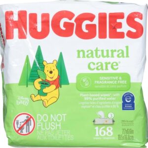 Sensitive Baby Wipes, Huggies Natural Care Baby Diaper Wipes, Unscented, Hypoallergenic, 99% Purified Water, 3 Flip-Top Packs (168 Wipes Total)