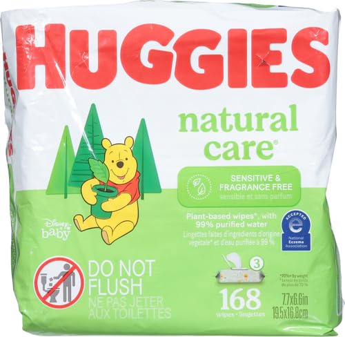 Sensitive Baby Wipes, Huggies Natural Care Baby Diaper Wipes, Unscented, Hypoallergenic, 99% Purified Water, 3 Flip-Top Packs (168 Wipes Total)