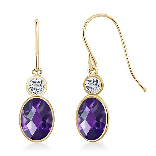 Gem Stone King 14K Yellow Gold Purple Amethyst and White Topaz Hook French Fish Ear Wire Dangle Earrings For Women (1.78 Cttw, Gemstone February Birthstone, Oval Checkerboard 7X5MM, Round 3MM)