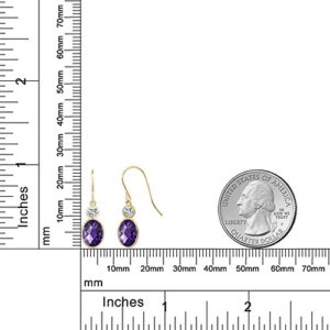 Gem Stone King 14K Yellow Gold Purple Amethyst and White Topaz Hook French Fish Ear Wire Dangle Earrings For Women (1.78 Cttw, Gemstone February Birthstone, Oval Checkerboard 7X5MM, Round 3MM)