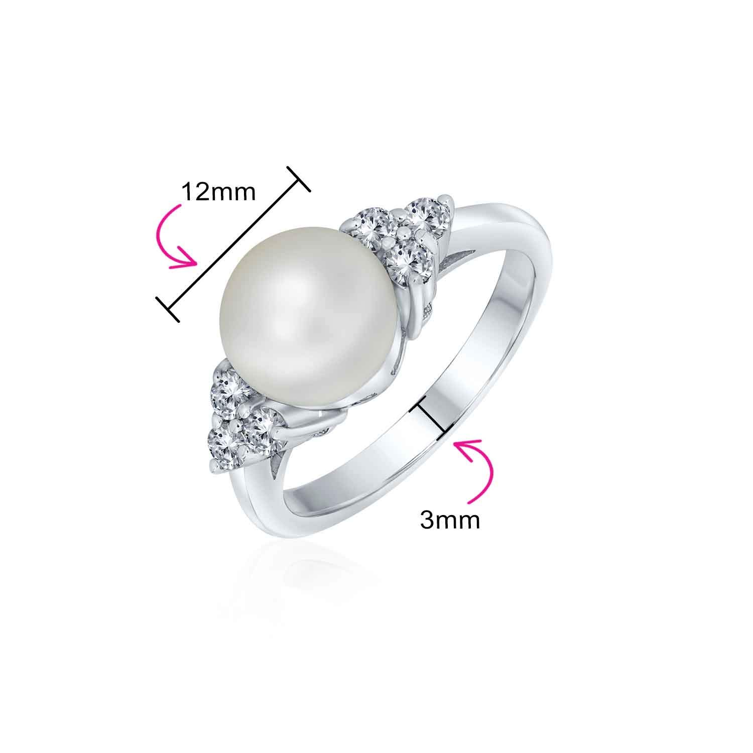 Bling Jewelry Personalize Bridal Party CZ Side Stones White Solitaire Freshwater Cultured Pearl Engagement Cocktail Ring For Women .925 Sterling Silver Customizable