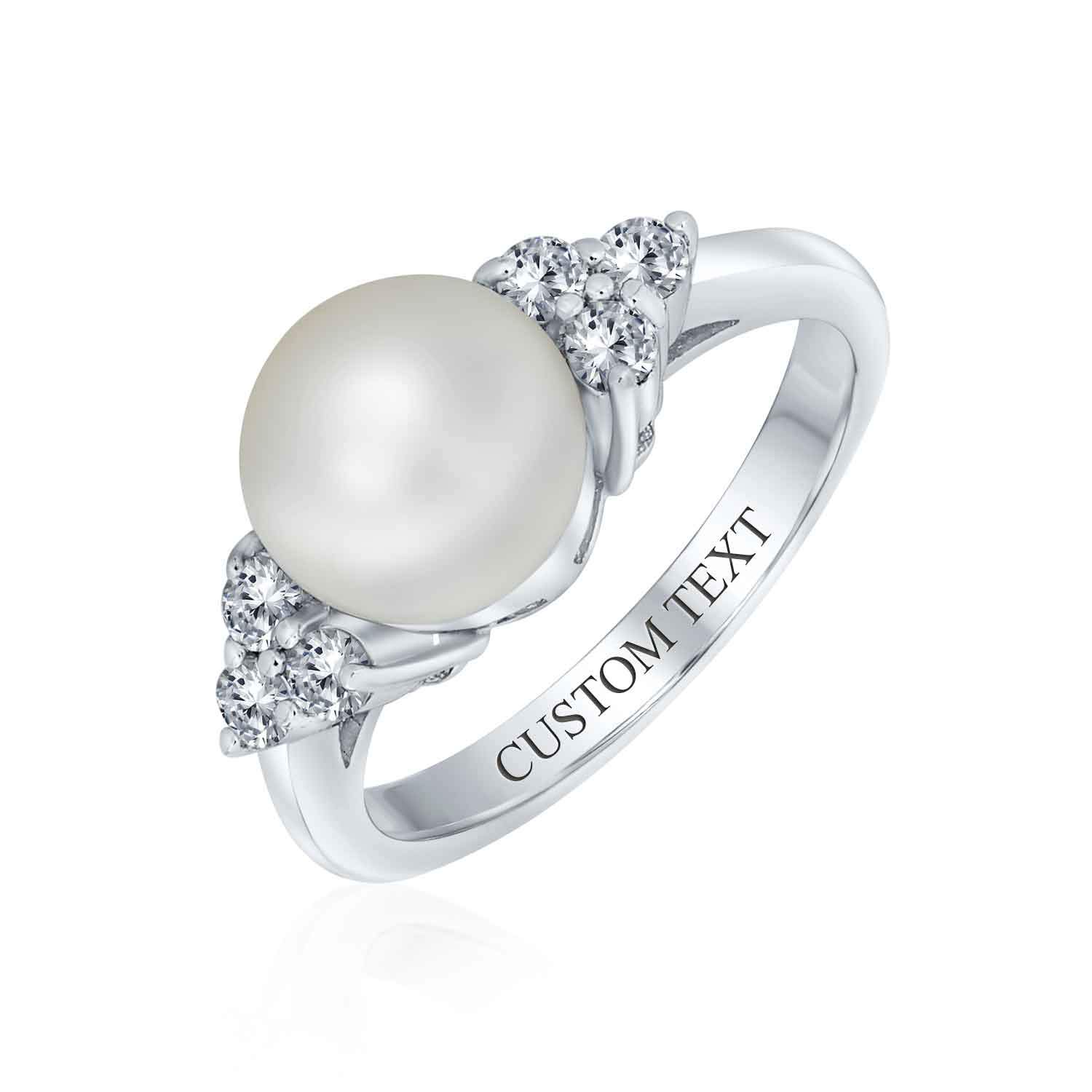 Bling Jewelry Personalize Bridal Party CZ Side Stones White Solitaire Freshwater Cultured Pearl Engagement Cocktail Ring For Women .925 Sterling Silver Customizable