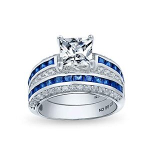 personalize 3ct art deco style blue square princess cut solitaire clear aaa cz engagement anniversary wedding ring set .925 sterling silver customizable