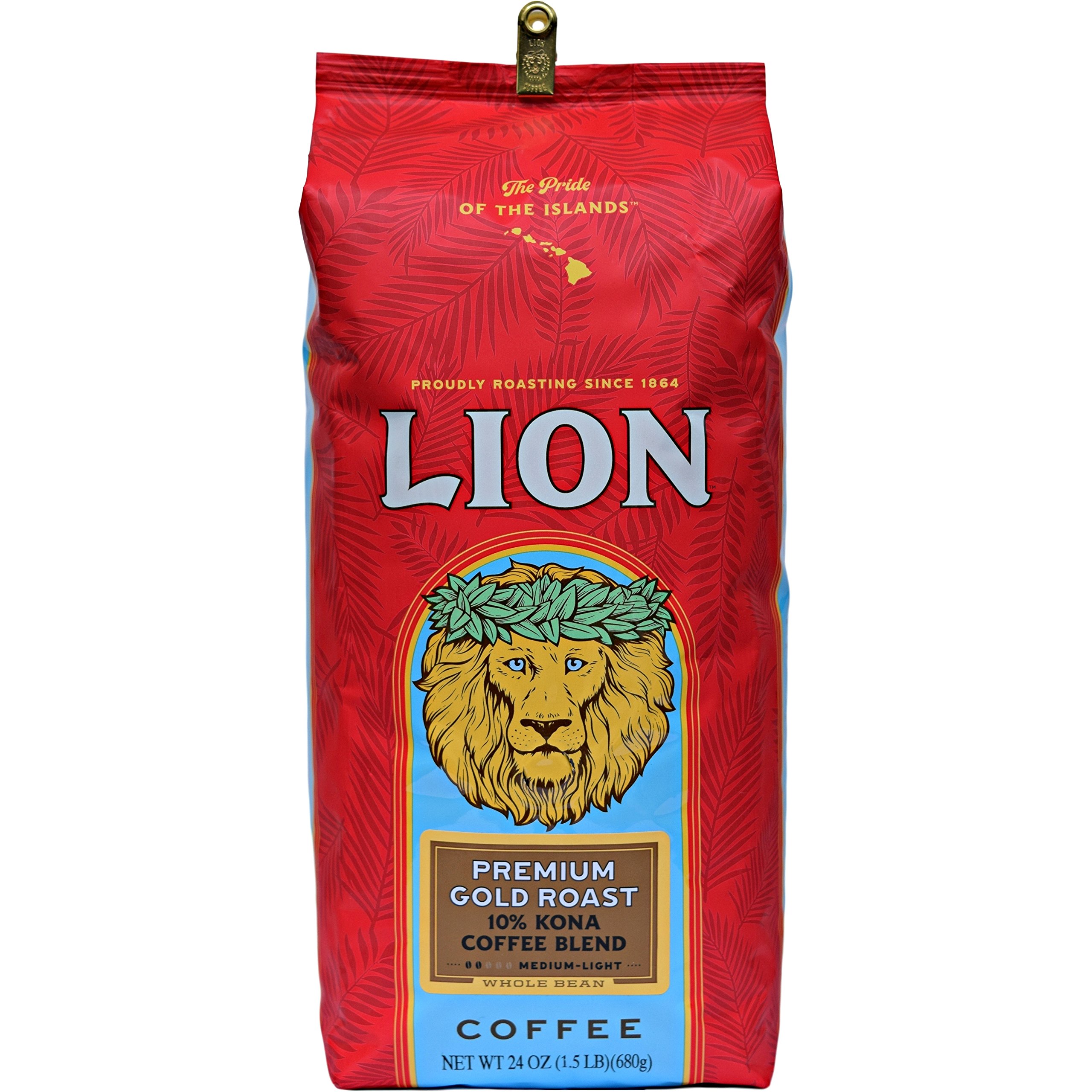 Lion Coffee Premium Gold Roast Whole Bean Coffee, 10% Kona Blend, Medium-Light Roast, A Taste of Aloha - 24 Ounce Bag