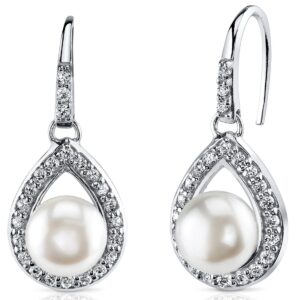 peora freshwater cultured white pearl teardrop drop earrings for women 925 sterling silver, 8.50mm round button shape, fishhooks