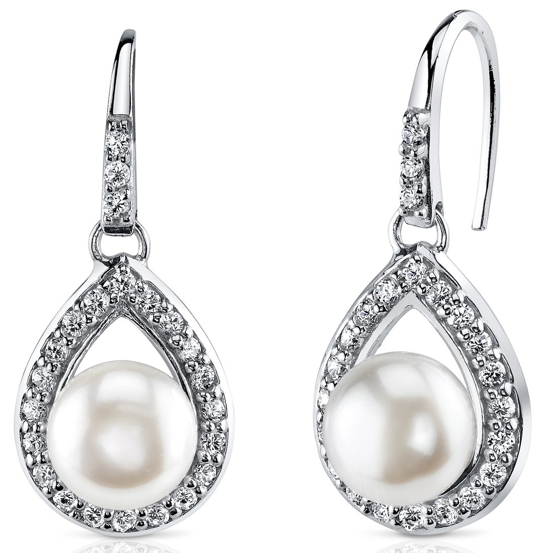 Peora Freshwater Cultured White Pearl Teardrop Drop Earrings for Women 925 Sterling Silver, 8.50mm Round Button Shape, Fishhooks