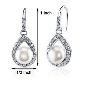 Peora Freshwater Cultured White Pearl Teardrop Drop Earrings for Women 925 Sterling Silver, 8.50mm Round Button Shape, Fishhooks