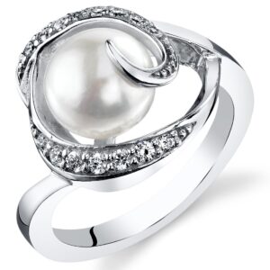 PEORA Freshwater Cultured White Pearl Swirl Ring in Sterling Silver, 8.5mm Round Button Shape, Comfort Fit, Size 7