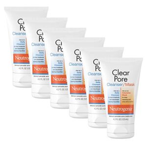 Neutrogena Clear Pore 2 in 1 Facial Cleanser/Face Mask with Kaolin & Bentonite Clay & 3.5% Benzoyl Peroxide Acne Treatment Medication, Daily Face Wash & Shine Control Clay Mask, 4.2 fl. Oz (Pack of 6)