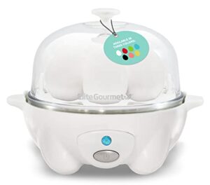 elite gourmet egc-007 rapid egg cooker, 7 easy-to-peel, hard, medium, soft boiled eggs, poacher, omelet maker, auto shut-off, alarm, 16-recipe booklet, white