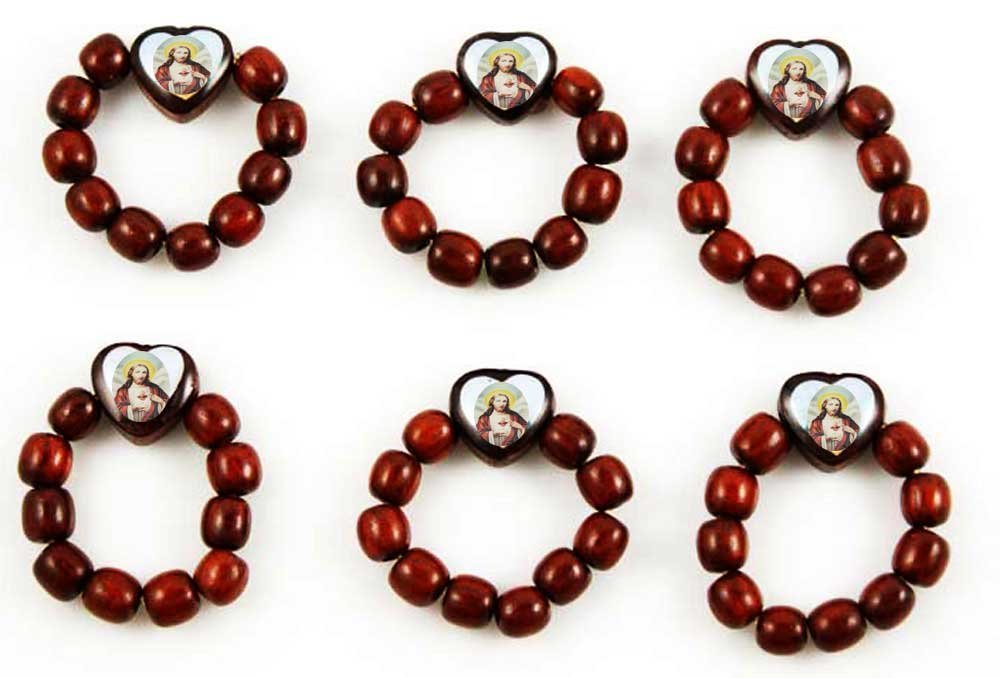 Catholica Shop Catholic Finger Rosary Ring Cherry Wooden | Prayer Beads | with Jesus Image | Lot of 6 -