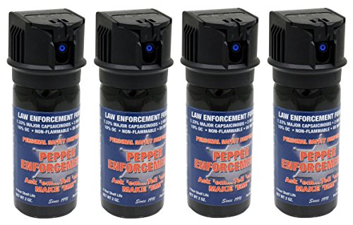 Pepper Enforcement 2 oz. Splatter Stream Pepper Spray for Self Defense 4 Pack - Maximum Strength 10% OC Police Formula, Flip Top Safety Tactical Design, Personal Protection Devices