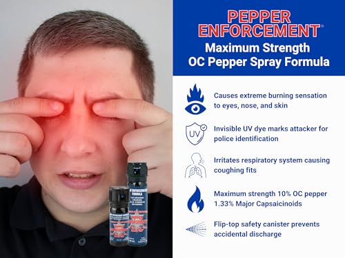 Pepper Enforcement 2 oz. Splatter Stream Pepper Spray for Self Defense 4 Pack - Maximum Strength 10% OC Police Formula, Flip Top Safety Tactical Design, Personal Protection Devices