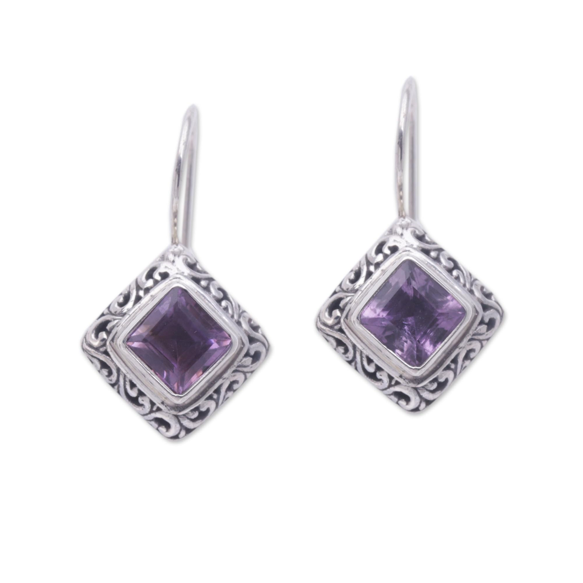 NOVICA Artisan Handmade Amethyst Drop Earrings Unique Sterling Silver Purple Indonesia Birthstone [1 in L x 0.6 in W x 0.2 in D] ' Ubud Goddess'