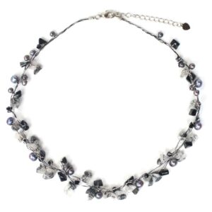 NOVICA Artisan Handmade Cultured Freshwater Pearl Tourmalinated Quartz Beaded Necklace from Thailand Silk Brass Silver Plated Dyed Glass 'River of Night'