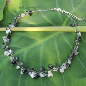 NOVICA Artisan Handmade Cultured Freshwater Pearl Tourmalinated Quartz Beaded Necklace from Thailand Silk Brass Silver Plated Dyed Glass 'River of Night'