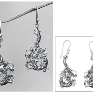 NOVICA Artisan Handmade .925 Sterling Silver Dangle Earrings Indonesia Animal Themed 'Dragon Splendor'