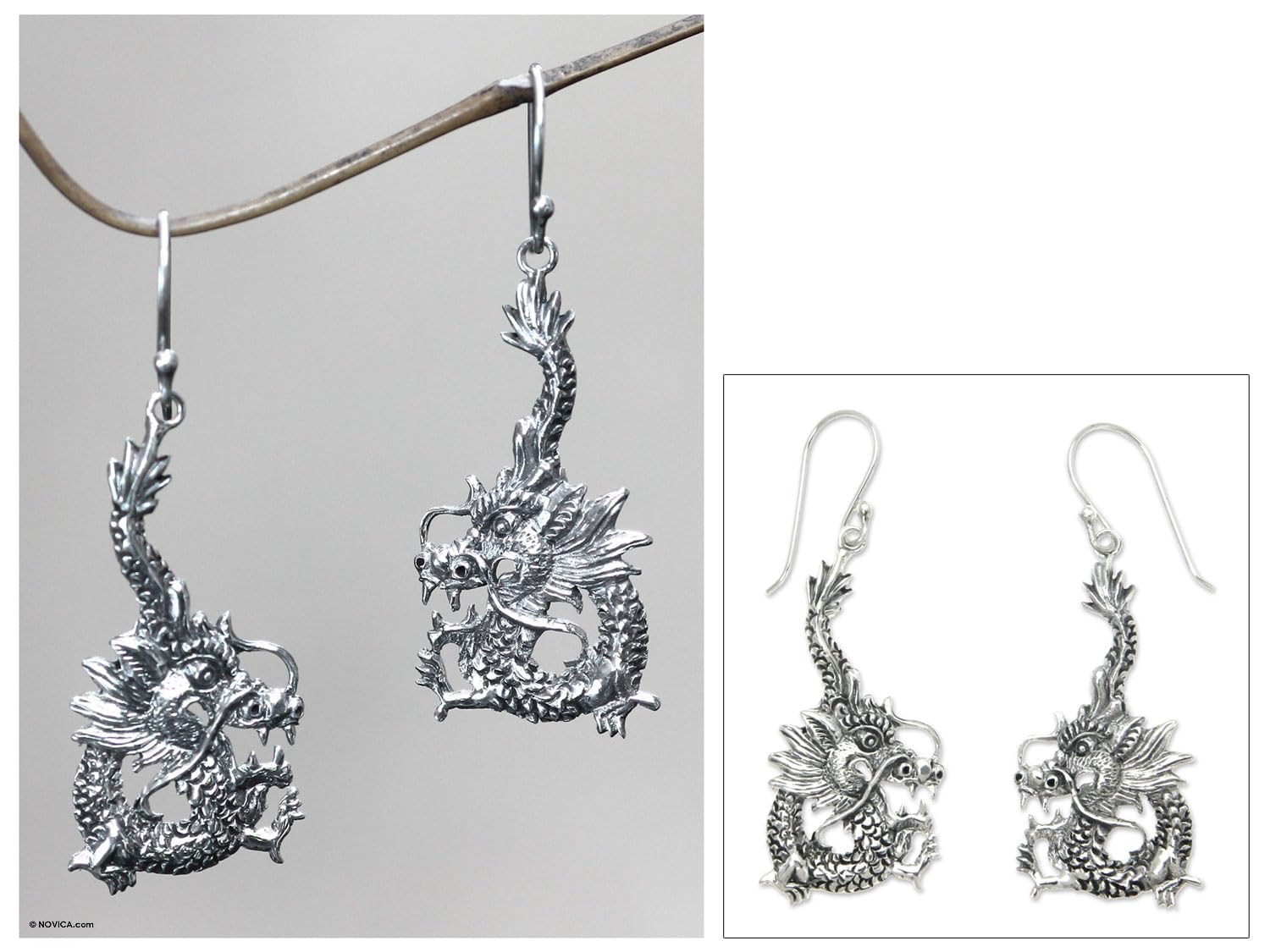 NOVICA Artisan Handmade .925 Sterling Silver Dangle Earrings Indonesia Animal Themed 'Dragon Splendor'