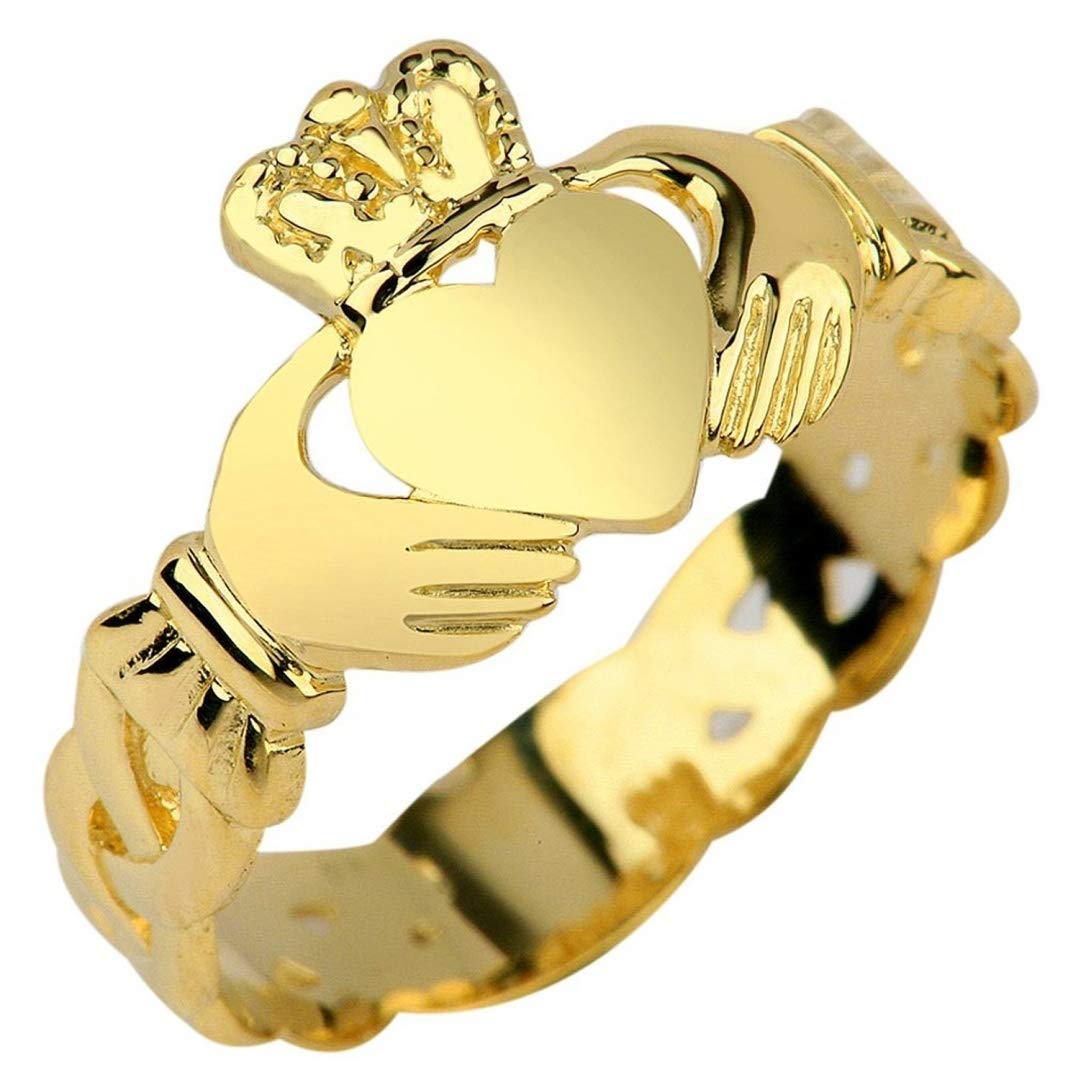 14k Yellow Gold Claddagh Ring with Trinity Band (14K Gold, 5.5)